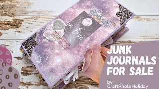 Magic moon junk journal for sale with lace Celestial witch moth pink and purple junk book homemade