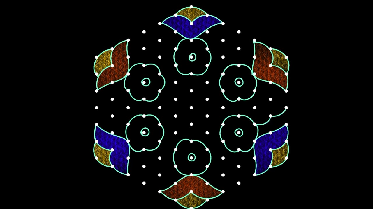 13-7 dots Amazing rangoli designs with colours|chukkala muggulu|traditional kolam|muggulu with dots 