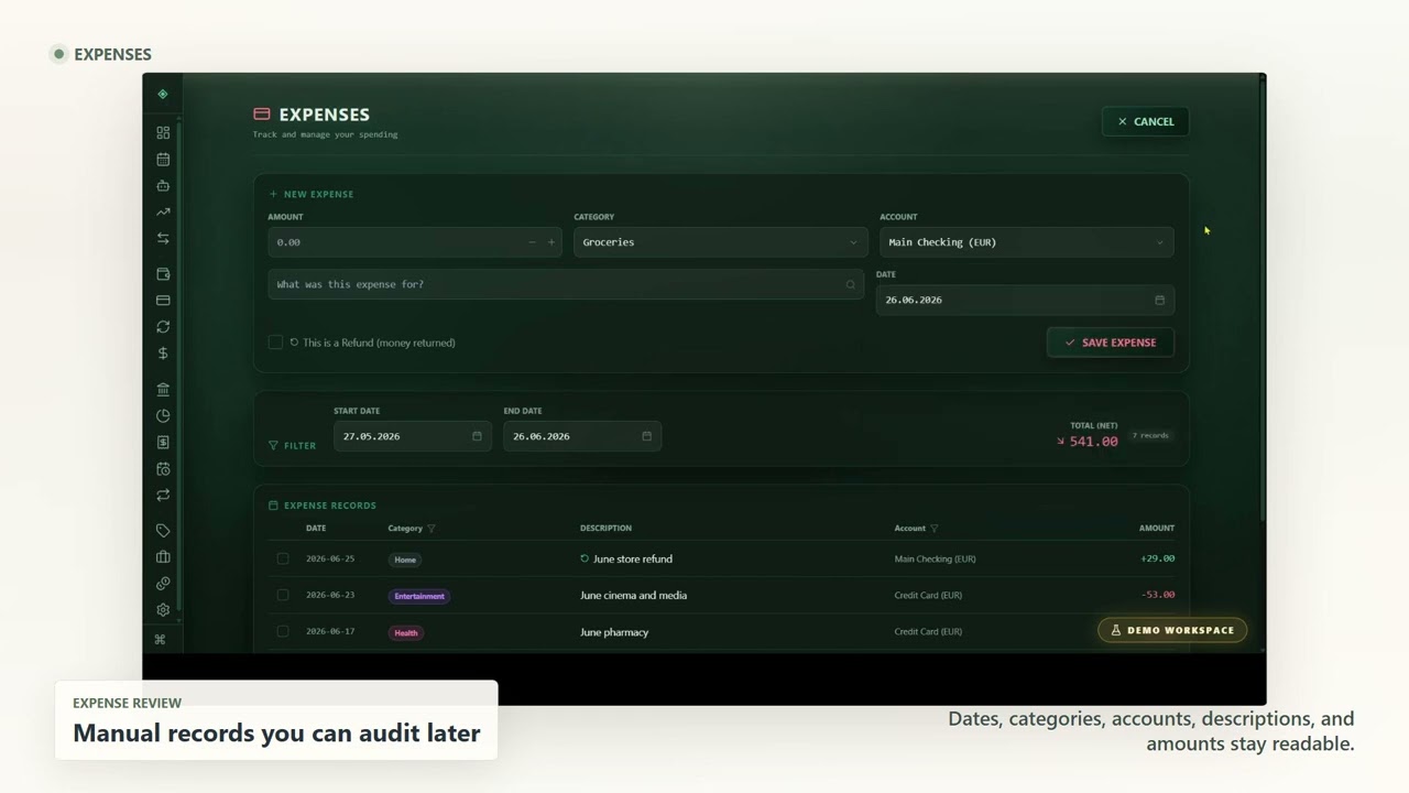 Bayron Harbor demo video thumbnail showing the private offline Windows finance workflow.