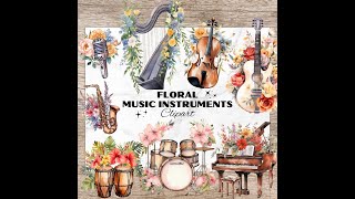 Floral Music Instruments, Guitar & Piano Flowers, Watercolor Clipart For Invitation, T-Shirt Design