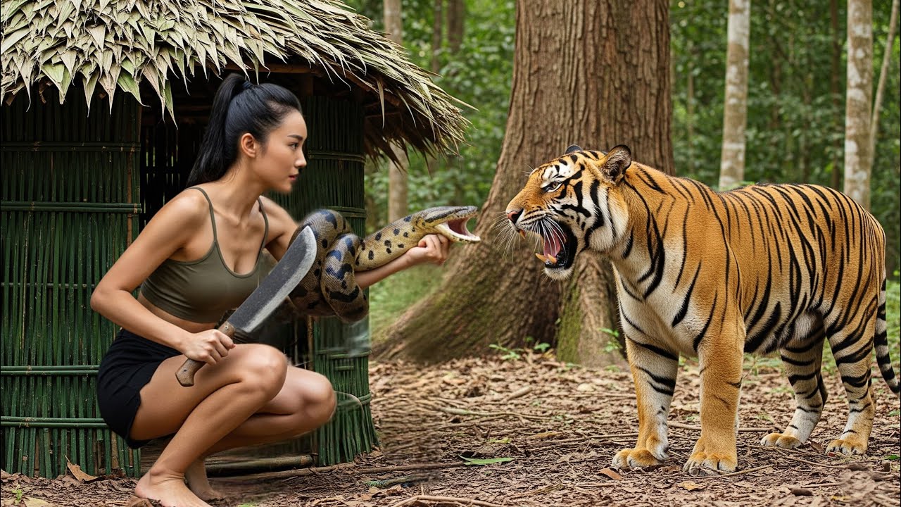 Young Girl Survival 30 Days in The Forest, Built a Shelter, Accidentally  The Territory Of a Tiger.
