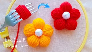 Super Easy Woolen Craft Ideas With Fork - Diy Woolen Flowers - Hand Embroidery Amazing Trick