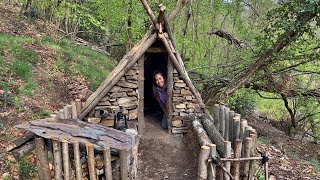 BUSHCRAFT EARTH SHELTER  CAMPING at My PERMANENT Camp  2 Days  Sleep In MUD HUT  TINY House