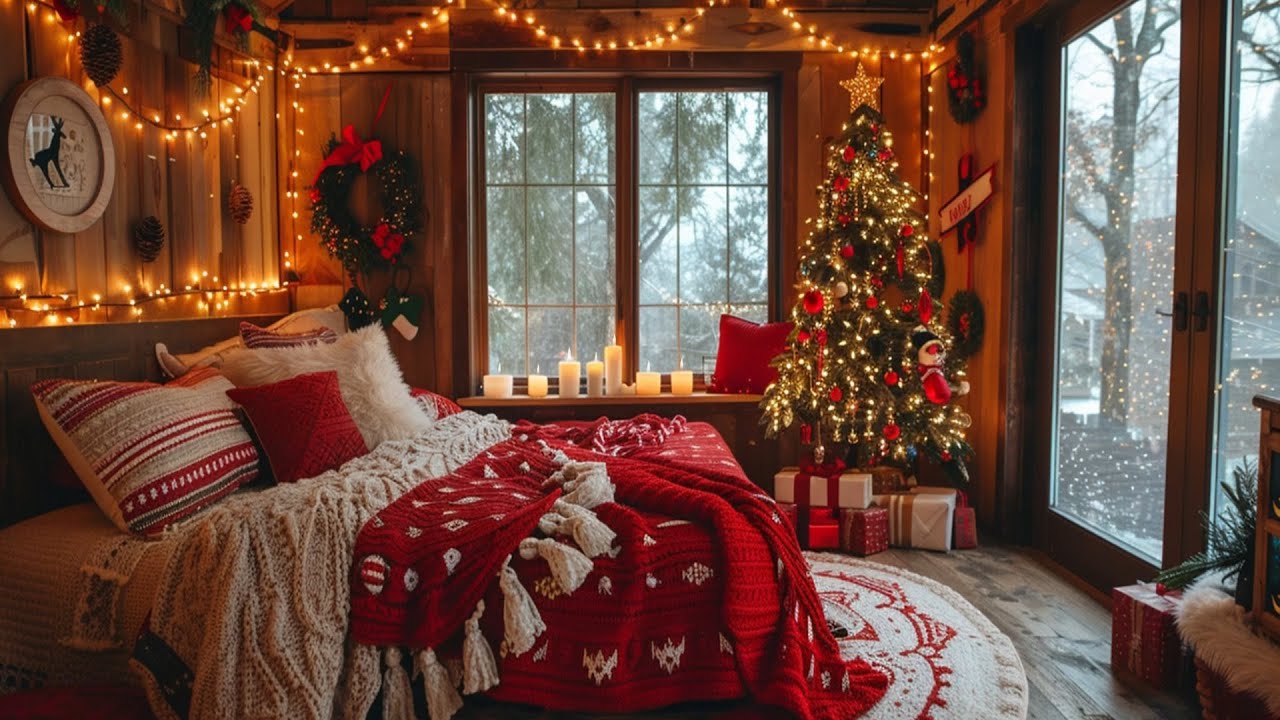Cozy Christmas Cabin Bedroom - Old Rustic Winter Decor & Snowstorm Ambience