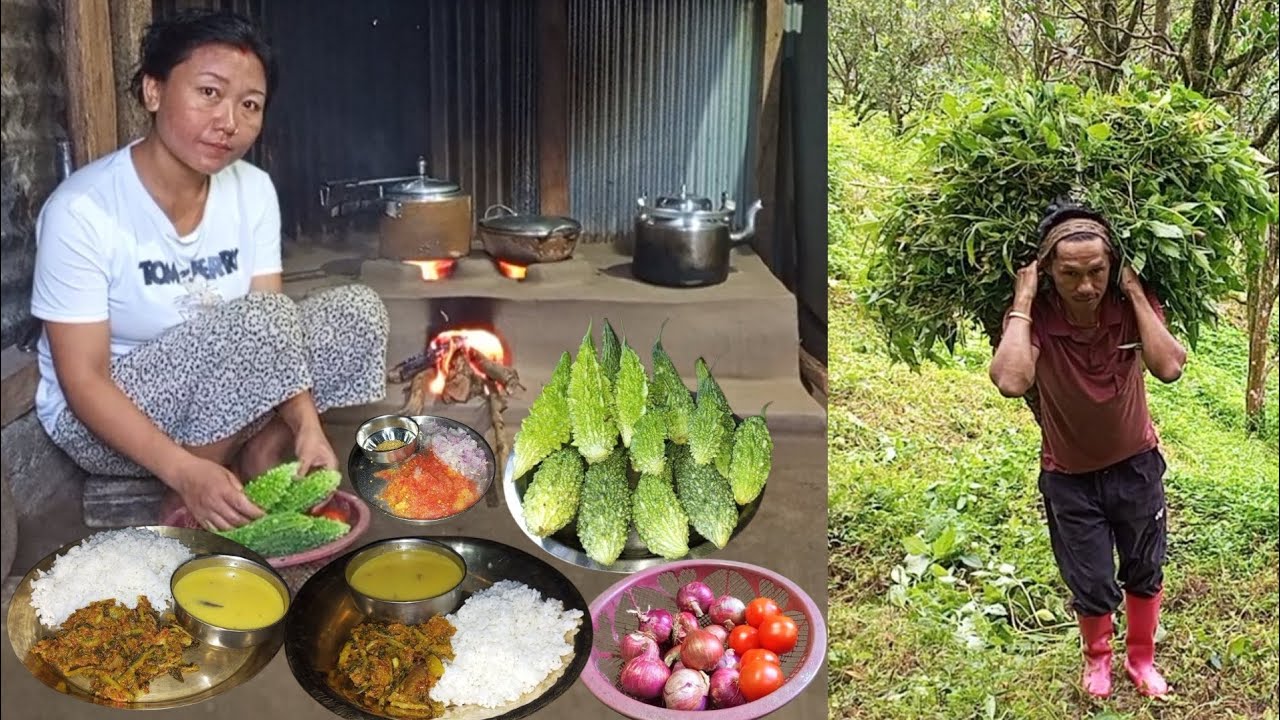 Village Life Cooking - Bitter Gourd Curry Dal With Rice//Daily Routine In Village//Nepali Cooking