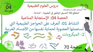 الدرس 23: الأجسام الغريبة - الميكروبات - أنواعها - تكاثرها صفحة 70 علوم طبيعية سنة 04 متوسط