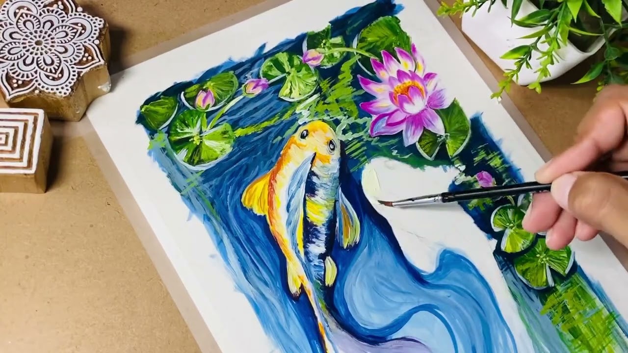 Lotus Pond Painting | Koi Fish Painting | Acrylic painting