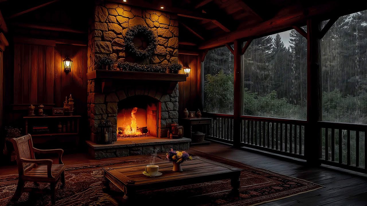 Deep Relaxation with Heavy Rain & Fireplace – Cozy Ambience on Rustic Porch for Studying & Working 📚