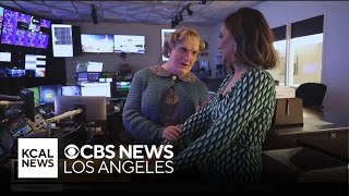 Mrs. Doubtfire visits the KCAL News room, on a break from her Pantages Theatre run