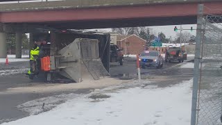 Salt truck overturns under Berkley Bridge in Norfolk