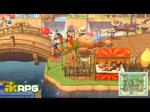 Colorful Holiday ACNH Island Idea (Pink Brick Path, Festivale Plaza, Spooky Entrance, Fruit Stall, Rustic kitchen)