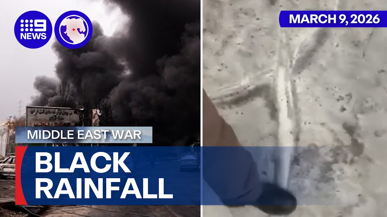 Black oil-saturated rain covers Tehran after oil depot strike | 9 News Australia