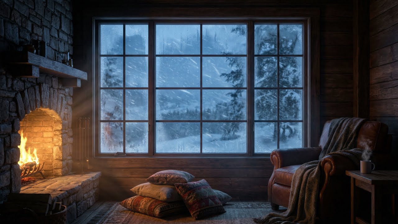 Cozy Cabin Snowstorm ❄️ 10 Hours Crackling Fireplace & Jazz Ambience - Winter Sleep Sounds 4K