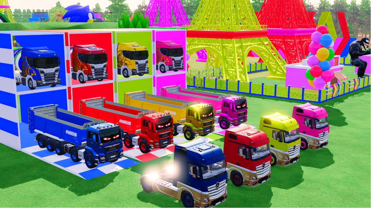 TRANSPORTING ALL THE COLORFUL MIXER TRUCKS, EYED JOSKIN TRUCKS, WITH MERCEDES TRUCKS TO THE GARAGE