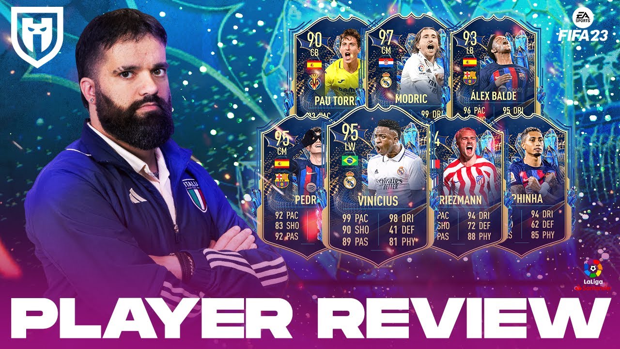 VINICIUS 95 GRIEZMANN 94 MODRIC 97 PEDRI 95 RAPHINHA 92 BALDE 93 E PAU TORRES 90 TOTS ||| FIFA 23
