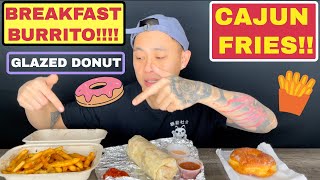 EATING LOADED BREAKFAST BURRITO + CAJUN FRIES + GLAZED DONUT - TALKING MUKBANG