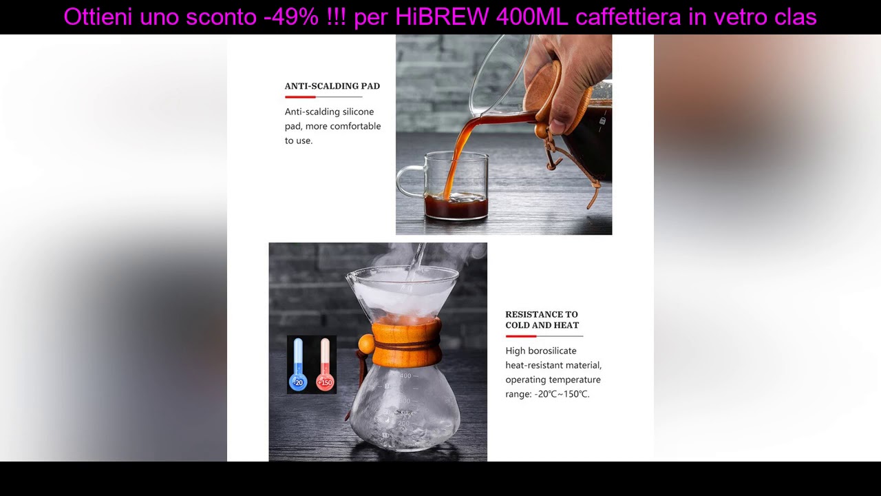 Vendita di liquidazione -49% – HiBREW 400ML caffettiera in vetro classico manico in legno resistent
