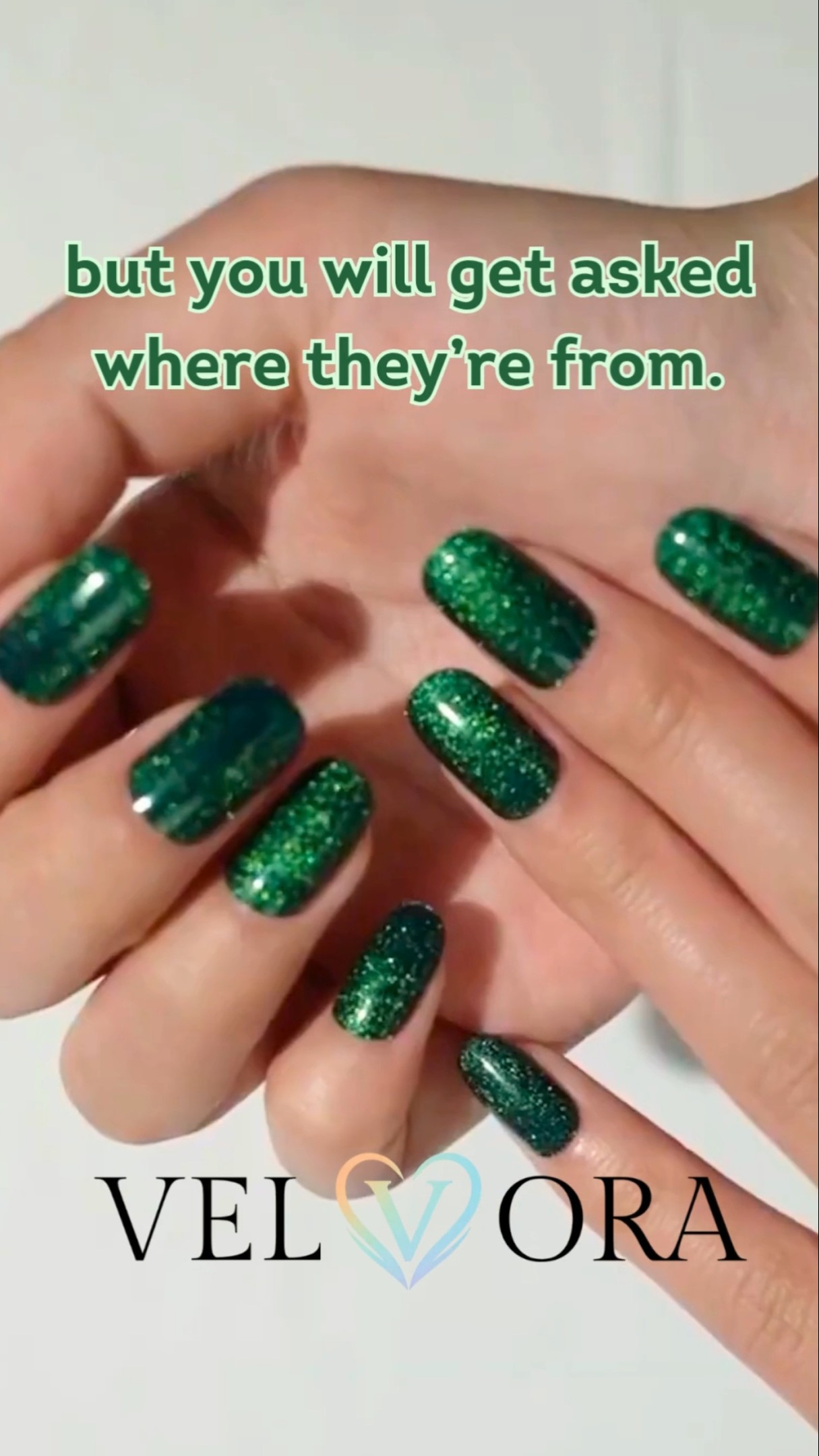 Emerald Twinkle - Semi-Cured Gel Nail Strips applied on real nails