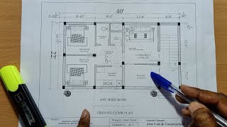 2bhk House Plan With Center Line Plan (880 sqft)