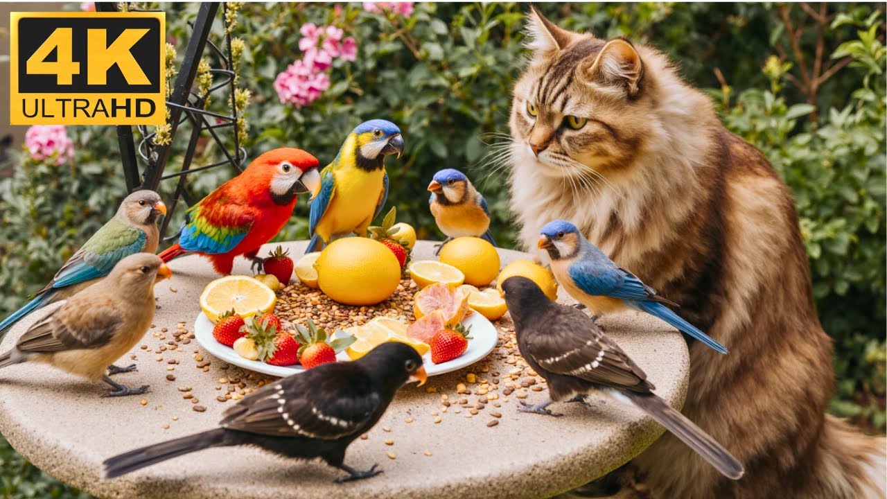 [No Ad Interruptions] Cat TV 😺 Squirrels join birds for a friendly mealtime.