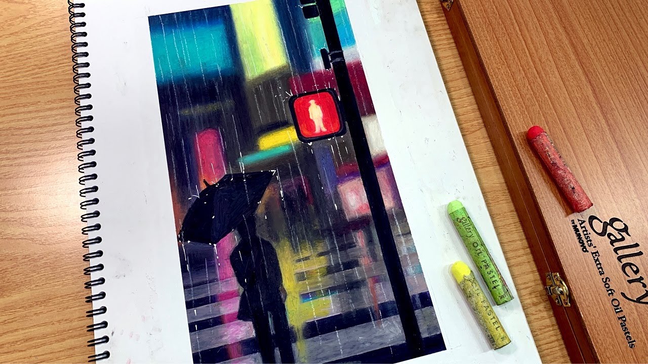 오일파스텔 그림 비오는 날 전광판이 보이는 야경 그리기 Oil Pastel Drawing YouTube