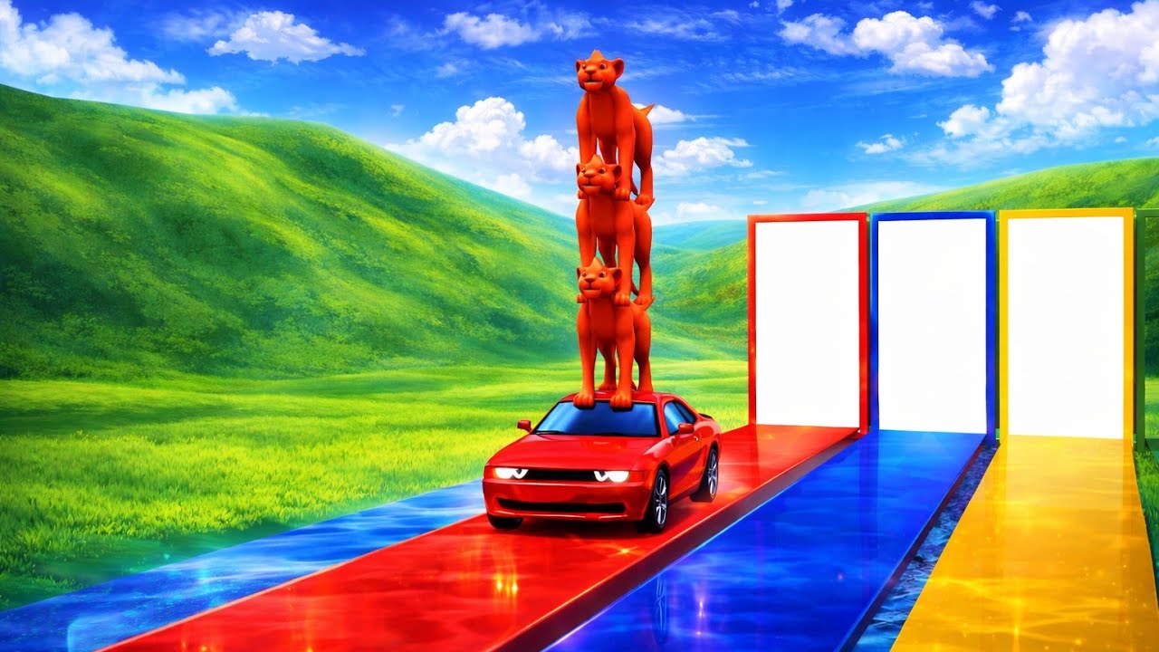 3 Lions on a Car 😱 | Color Road Impossible Challenge! | Loons Toons 