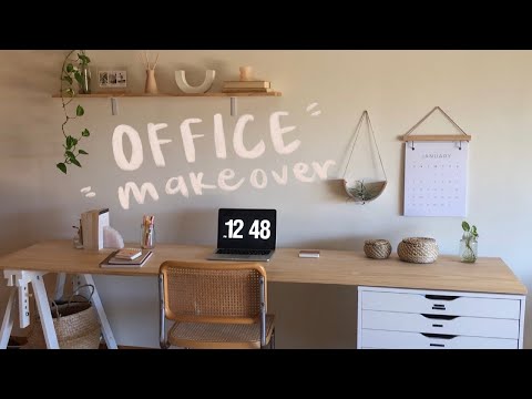 pinterest minimal home office makeover | DIY giant desk, painting the fireplace