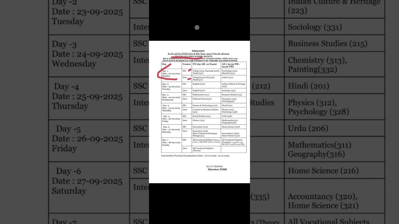 Telangana Open School Society (TOSS) SSC and Open Inter Supplementary Exam Time Table 2025.