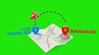 Los Angeles To Bangkok 3D Flight Animation With Airplane, Map, And Green Screen