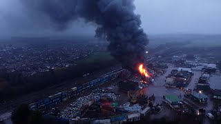 Large fire at European Metal Recycling in Trinity Road, Kingsbury, North Warwickshire. Drone Footage