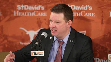 Chris Beard talks to the media after the win over Texas