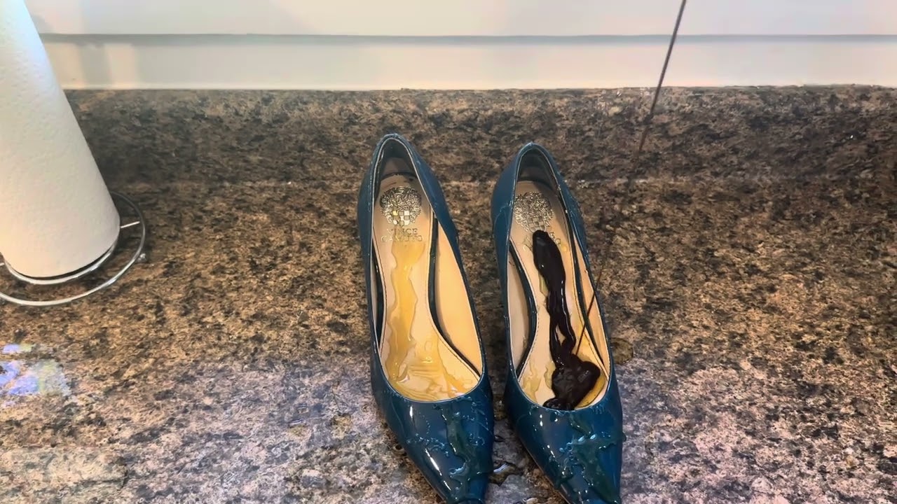 Blue patent high heels sticky and messy with honey and chocolate sauce! Quick shot!