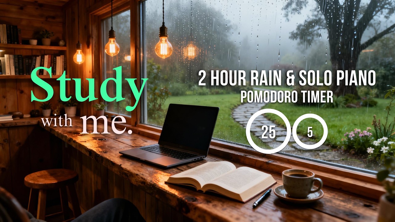 2 Hour Study with Me | 25/5 Pomodoro Timer | Rainy Solo Piano - YouTube