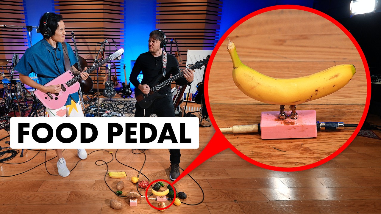 Jamming but our guitars are plugged into fruit