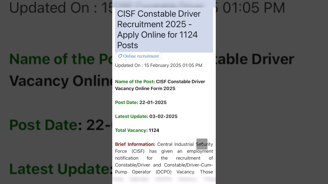 Central Industrial Security Force (CISF) Constable/Tradesmen Recruitment 2025 | Government jobs