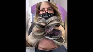 Grey blending with highlights and lowlights plus purple colour. Low maintenance with fun hair Details
