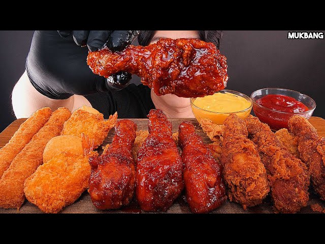 ASMR MUKBANG | SPICY FRIED CHICKEN & FRIED SHRIMP CHEESE BALL EATING BBQ 핫황금올리브치킨 새우스틱 닭껍질튀김 먹방