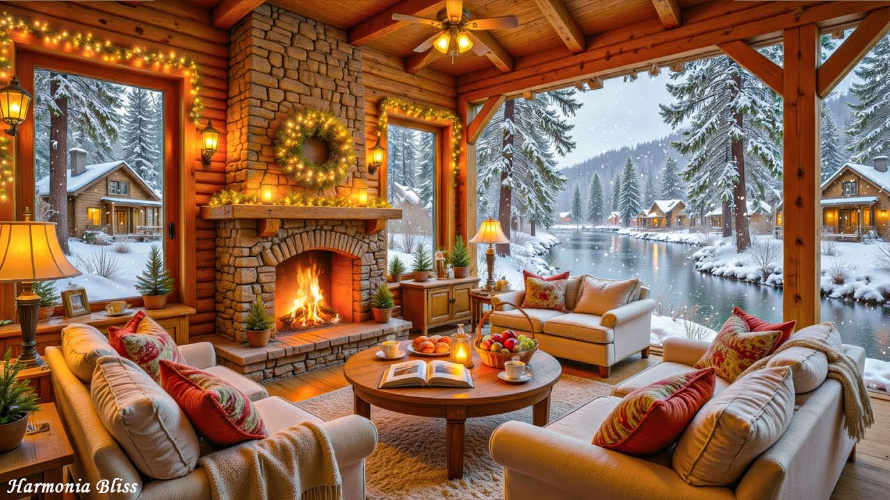 Cozy Log Cabin Blizzard Ambience, Crackling Fireplace and Snowstorm for ...