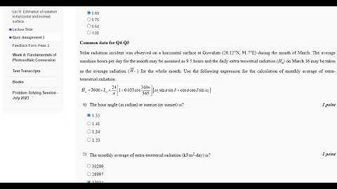 Solar Energy Engineering And Technology NPTEL assignment solution Week 3