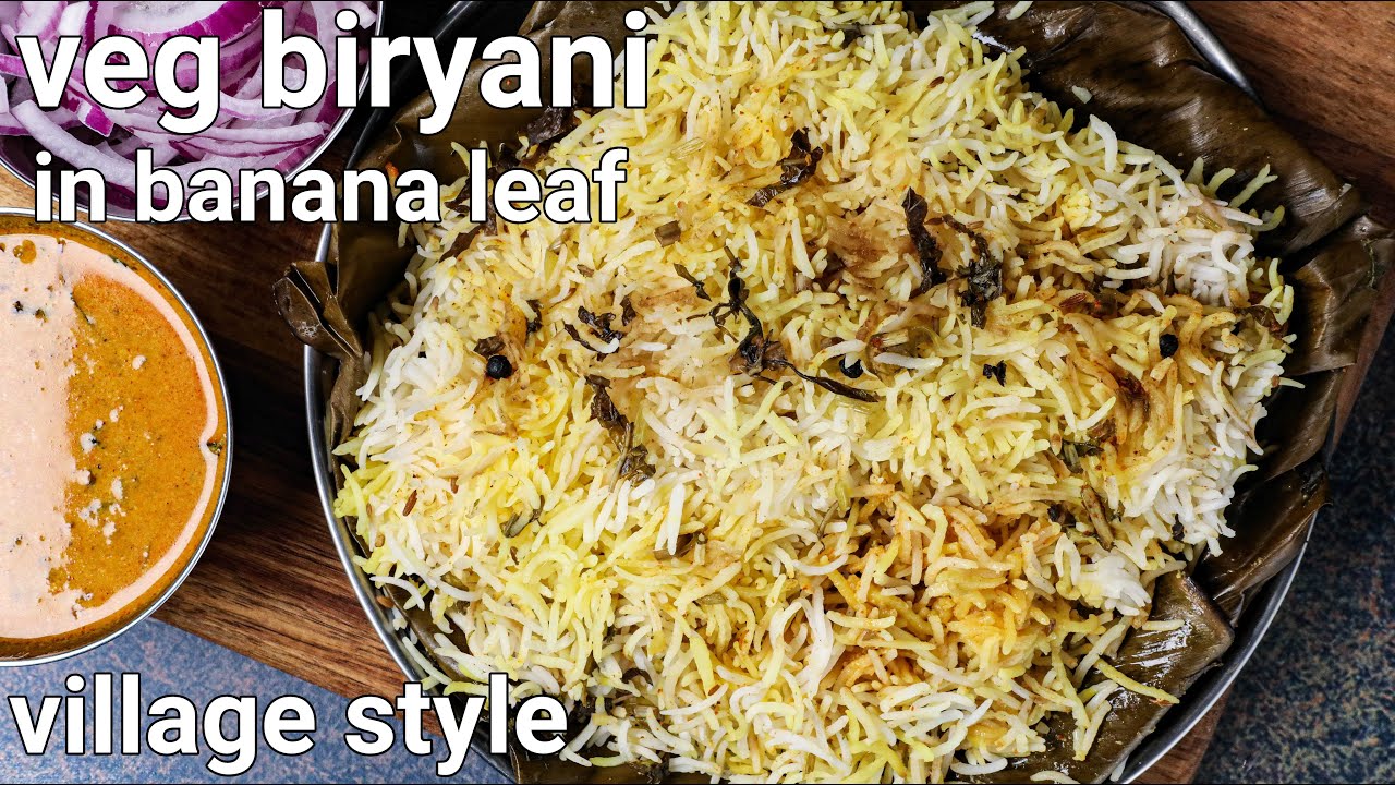 banana leaf veg dum biriyani recipe - village style | vegetable biriyani packed in banana leaf | Hebbar | Hebbars Kitchen