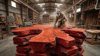Latest Design Big Wave Giant Red Wood Table // Amazing 70-Year-Old Craftsman!