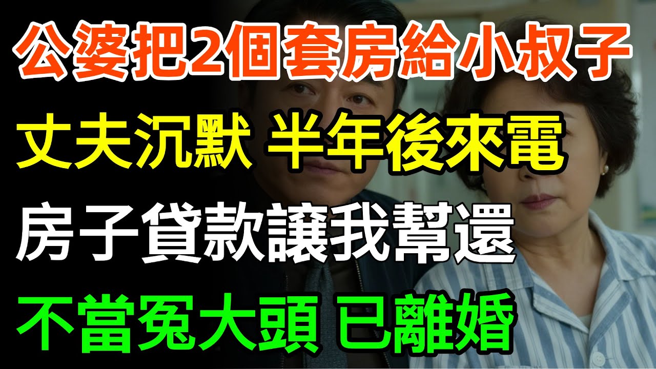 公婆把兩個套房劃給小叔子，丈夫沉默我冷笑。半年後公婆來電：房子200萬貸款你們幫還一下。我：不當冤大頭，已離婚！