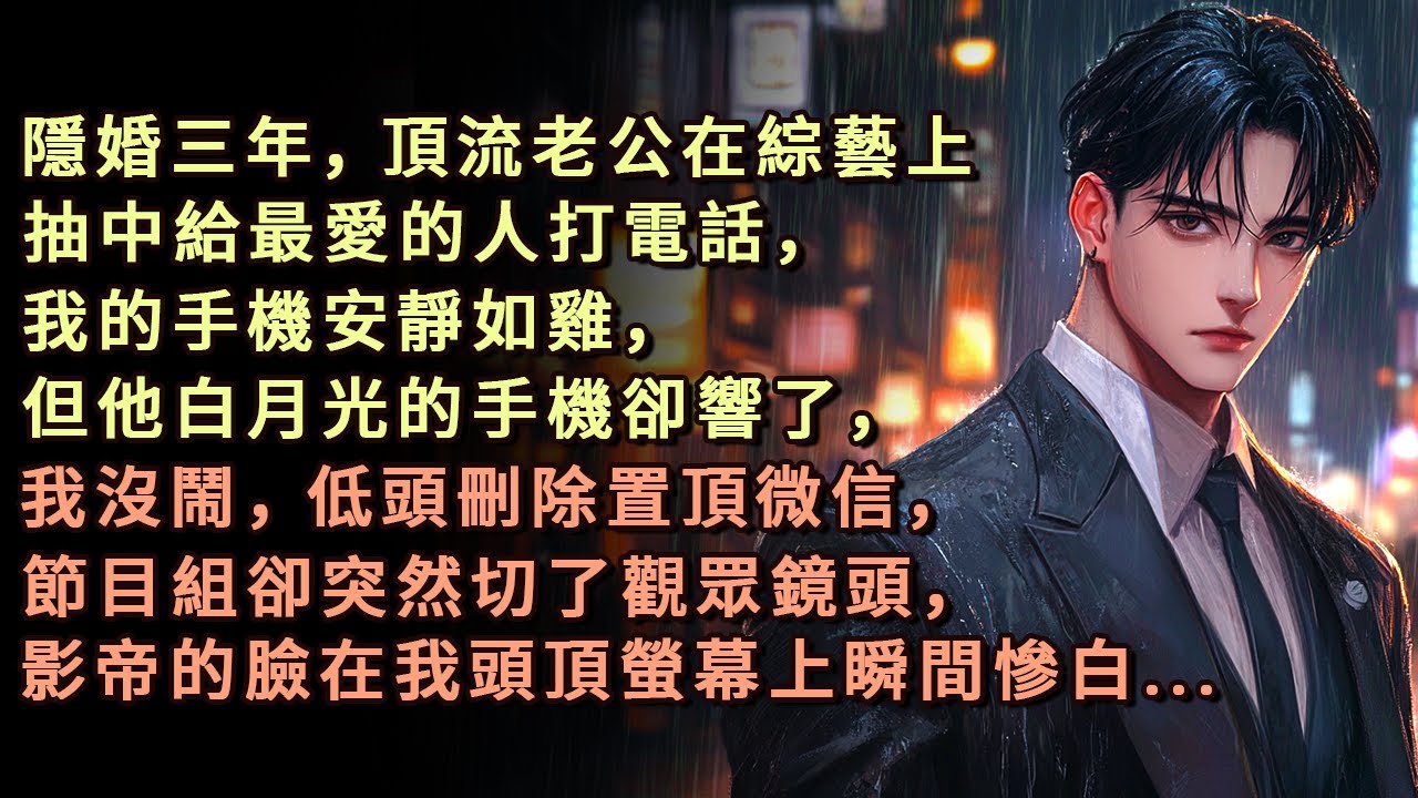 隱婚三年，頂流老公在綜藝上抽中給最愛的人打電話，我的手機安靜如雞，但他白月光的手機卻響了，我沒鬧，低頭刪除置頂微信，節目組卻突然切了觀眾鏡頭，影帝的臉在我頭頂螢幕上瞬間慘白...