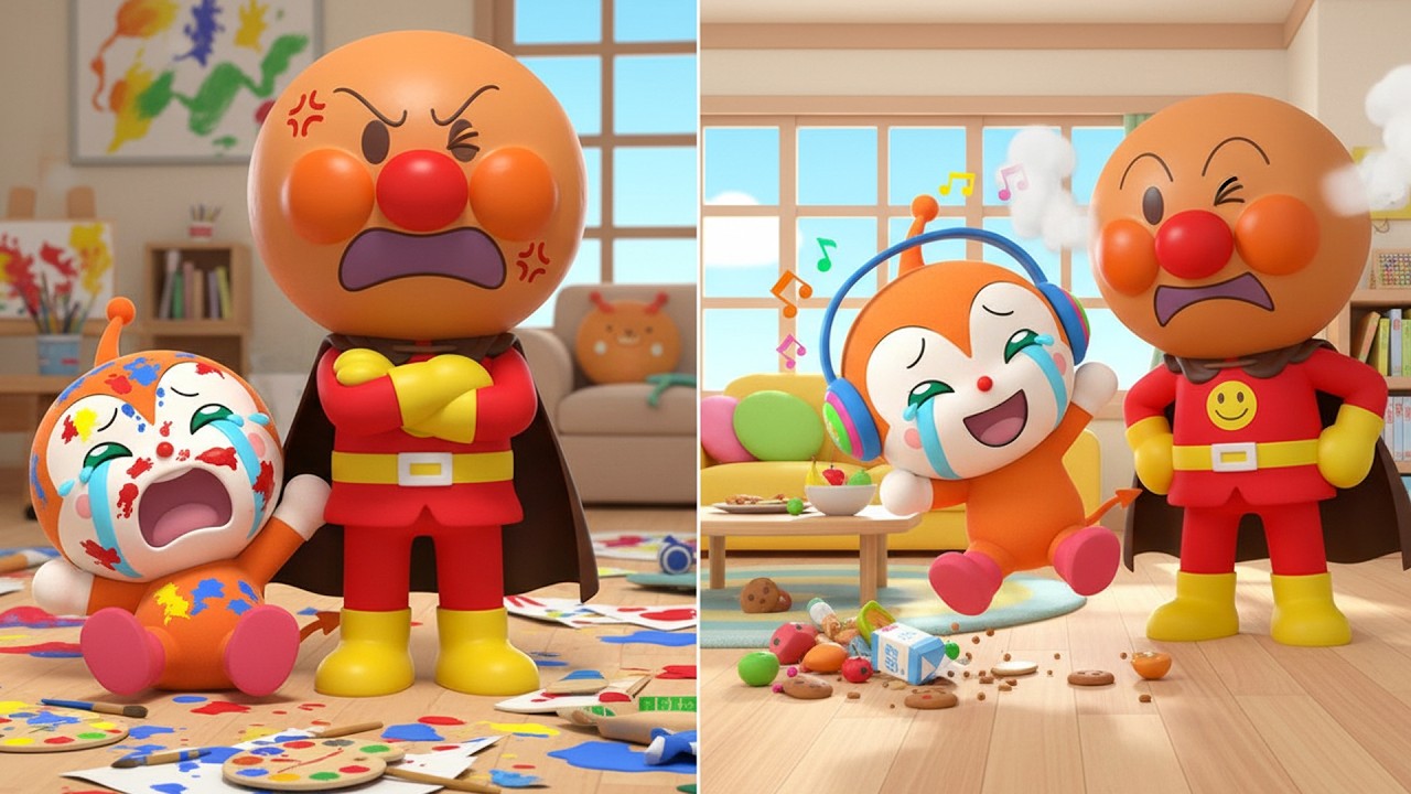 ドキンちゃんの手が絵の具でベタベタ！うっかり食べ物をこぼしちゃった｜アンパンマンに見つからないようにかくれるドキンちゃん｜手を洗う大切さとよい習慣を学ぼう｜アンパンマンストーリー 🧼✨