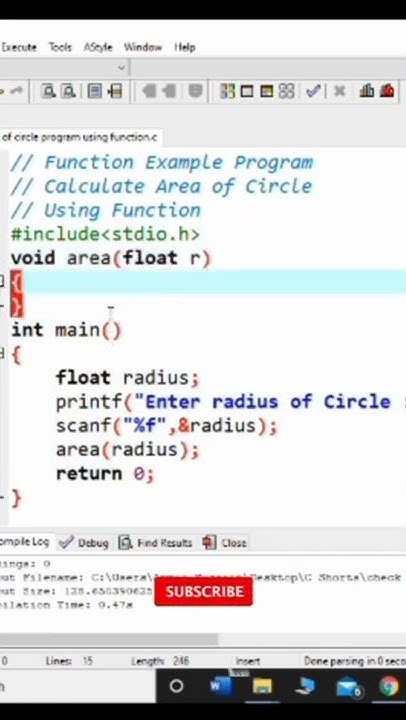 C Program to Find Area of Circle using Function _ C Programming #shorts ...