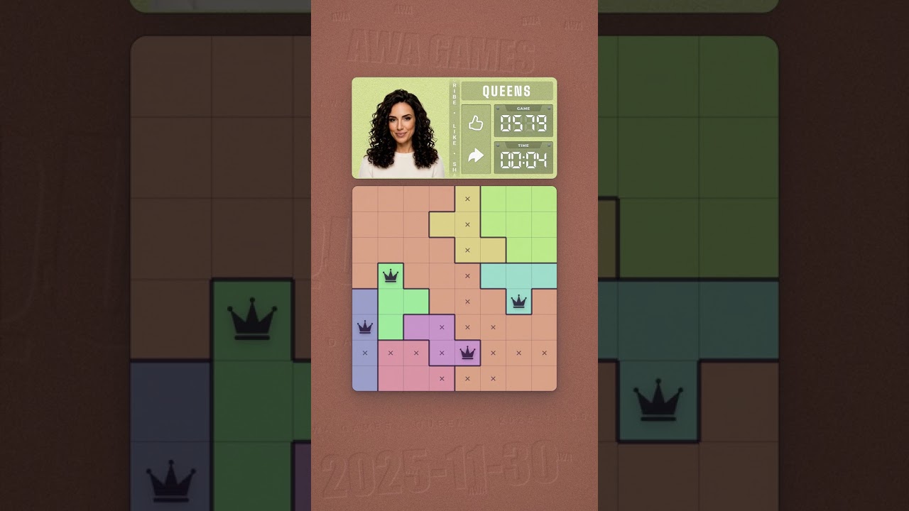 LinkedIn Queens #579 solved board for November 30, 2025, 8x8 grid