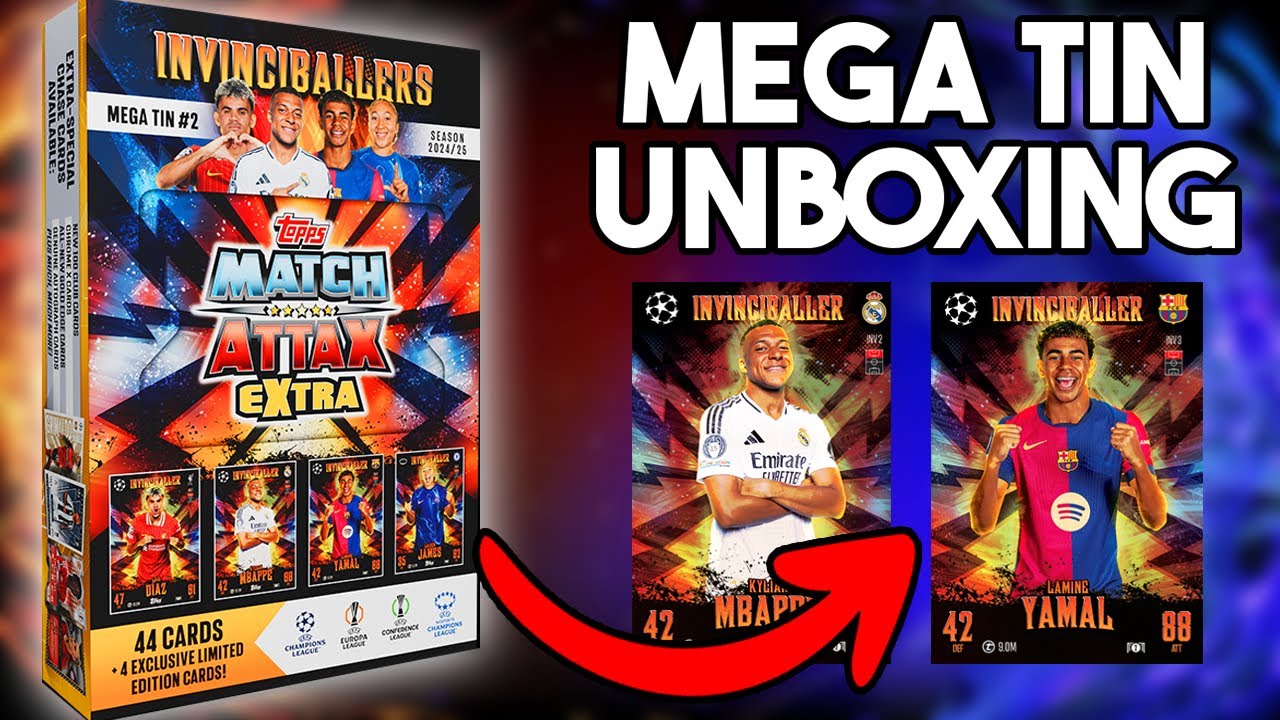 Topps Match Attax Extra 2025 - Mega Tin #2 - Gli Invinciballers! 48 carte di cui 4 esclusive carte Invinciballers LE. Cerca le carte reliquia all'interno delle scatole portafortuna Topps Match Attax Extra 2025 - Mega Tin #2 - Gli Invinciballers! 48 carte di cui 4 esclusive carte Invinciballers LE. Cerca le carte reliquia all'interno delle scatole portafortuna