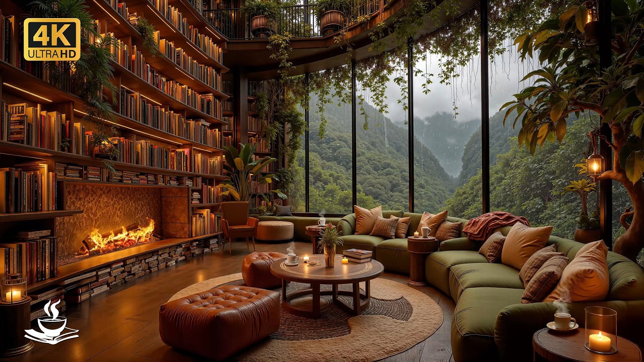 Rain Library Jazz with Endless Curved Stacks | Turning Chapters, Study Continuity & Hearthlit Hours