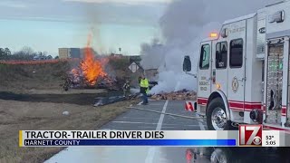 Tractor-trailer driver dies after fiery I-95 wreck in Harnett County