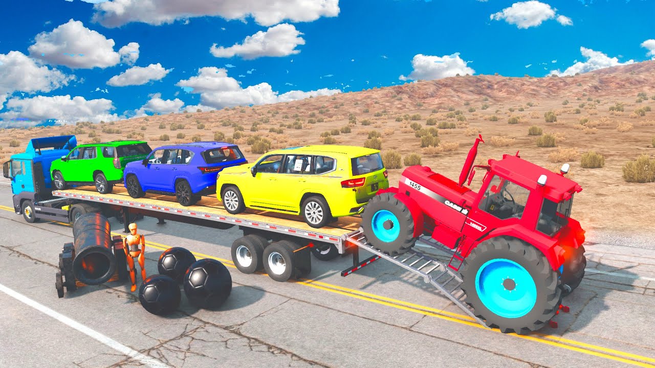 Four Trucks Transporting cars with Flatbed Trailers | Cars vs Speedbump vs Train vs Pothole 
